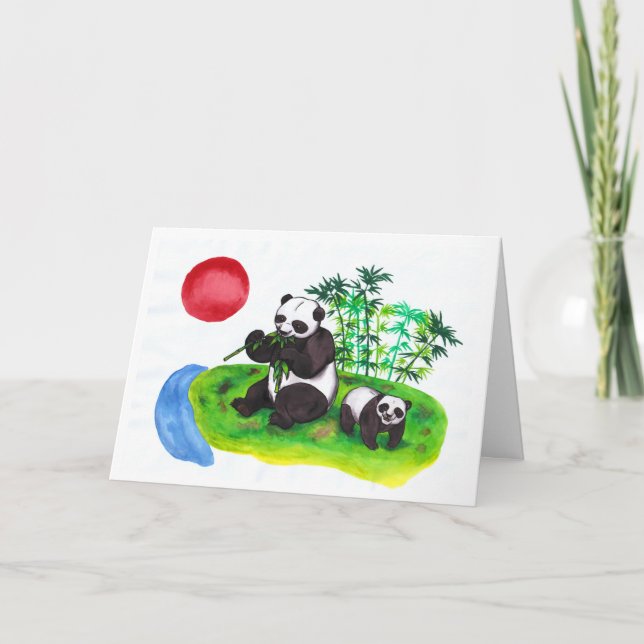 Tarjeta Arte acuarela Madre Panda china y su cachorro (Anverso)
