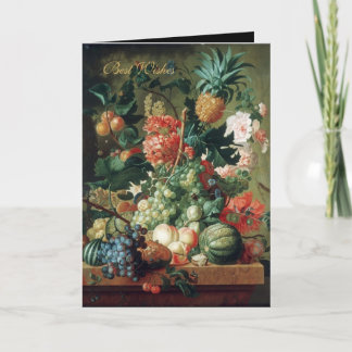 Tarjeta Arte Antiguo Bodegón Flores Con Frutas