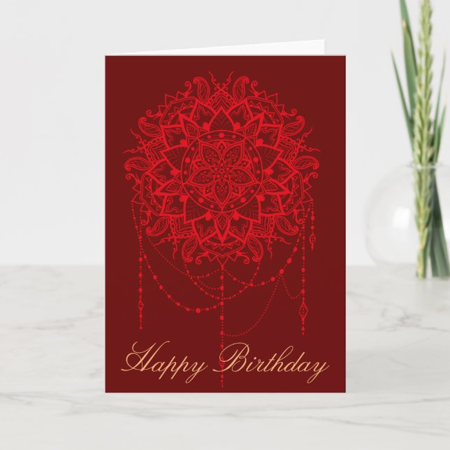 Tarjeta Arte burgundy de cumpleaños de Mandala india (Anverso)