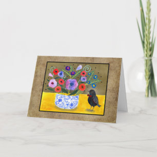 Tarjeta Arte caprichoso de pájaro negro lindo con flores p