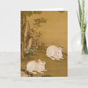 Tarjeta Arte Chino Antiguo Dos Conejos Blancos Pintura