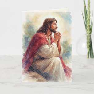 Tarjeta Arte de Acuarela de Jesús Orando Fe Cristiana