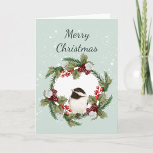 Tarjeta Arte de Acuarela de Pájaro Carbonero de Navidad Na