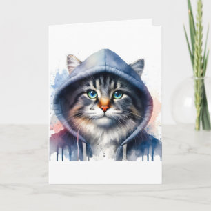 Tarjeta Arte de acuarela Gato atigrado con capucha Salpica