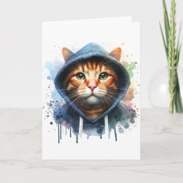 Tarjeta Arte de acuarela gato atigrado sudadera azul salpi (Anverso)