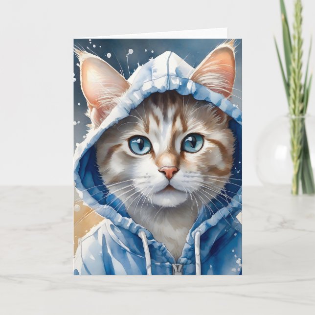 Tarjeta Arte de acuarela gato atigrado sudadera con capuch (Anverso)