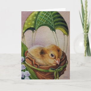 Tarjeta Arte de Acuarela Paracaídas Verde Cría de Pájaro V