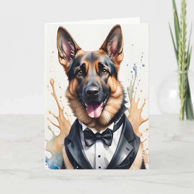 Tarjeta Arte de acuarela Pastor Alemán Tuxedo Tiro Negro (Anverso)