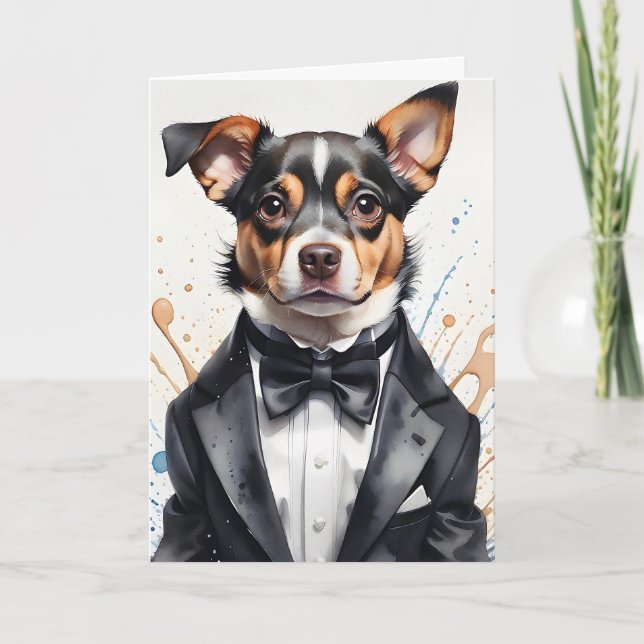 Tarjeta Arte de acuarela Perro lindo Esmoquin Corbata de l (Anverso)