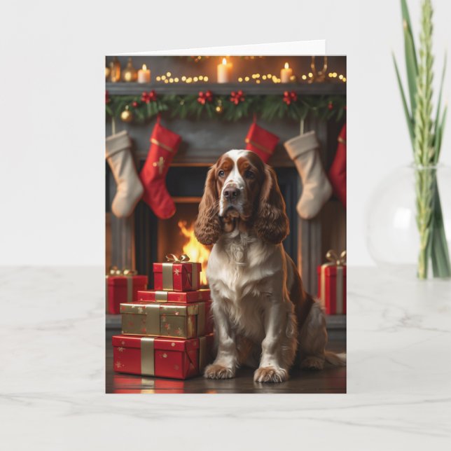 Tarjeta Arte de Cocker Spaniel Navidad junto a la Chimenea (Anverso)