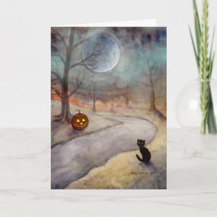 Tarjeta Arte de fantasía de gato negro y Jack-o-Lantern