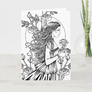 Tarjeta Arte de fantasía de mujer en rosas, colorea tú mis