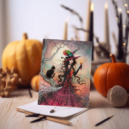 Tarjeta Arte de Gato Negro Bruja de Halloween Llama de Oct