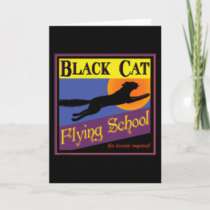 Tarjeta Arte de Halloween vintage de Black Cat Flying Scho
