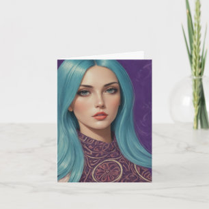 Tarjeta Arte de IA de cabello azul en blanco en todas las