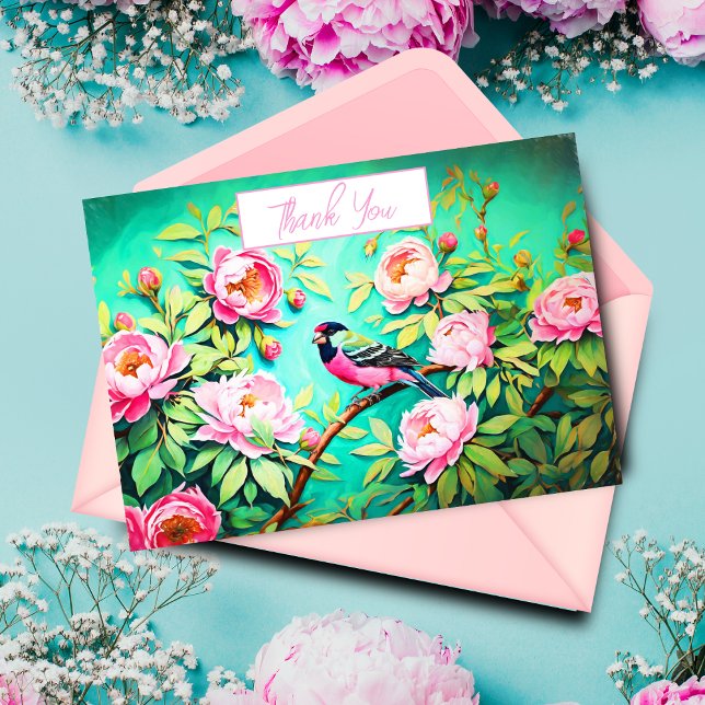 Tarjeta arte de inteligencia artificial Peonía Pino Pico d (Send a heartfelt thank you with this beautiful botanical thank you card created by ai artwork.)