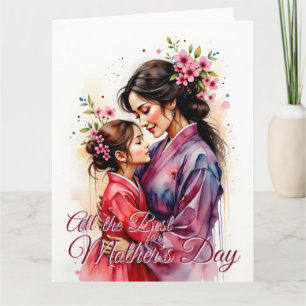 Tarjeta Arte de kimono del Día de la Madre con abrazo flor