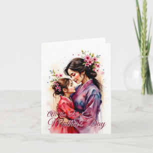 Tarjeta Arte de kimono del Día de la Madre con abrazo flor