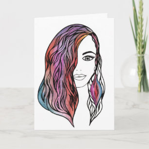 Tarjeta Arte de línea abstracta rostro femenino cabello co