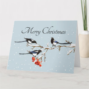 Tarjeta Arte de Naturaleza Pájaro Urraca Navidad Acuarela