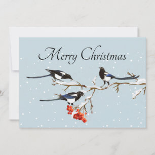 Tarjeta Arte de Naturaleza Pájaro Urraca Navidad Aquarela