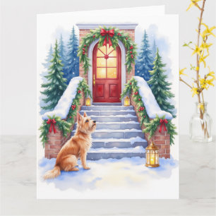 Tarjeta Arte de Navidad con escalera nevada y Terrier Cesk