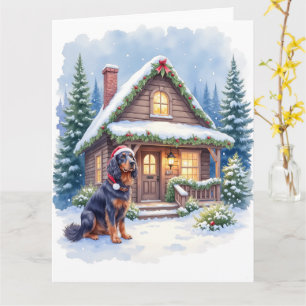 Tarjeta Arte de Navidad de Gordon Setter Snowy Lodge Santa