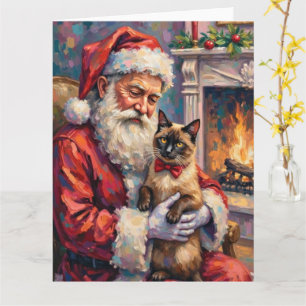 Tarjeta Arte de Navidad de Papá Noel con gato siamés