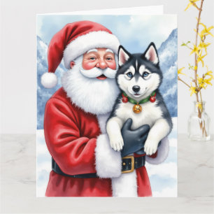 Tarjeta Arte de Navidad de Papá Noel con Husky Siberiano