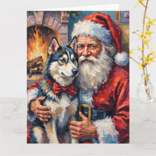 Tarjeta Arte de Navidad de Papá Noel con Husky Siberiano