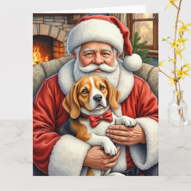 Tarjeta Arte de Navidad de Santa Claus con Beagle (flor amarilla)