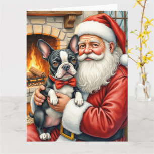 Tarjeta Arte de Navidad de Santa Claus con Boston Terrier
