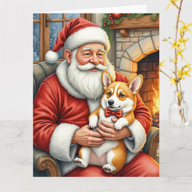 Tarjeta Arte de Navidad de Santa Claus con Corgi (flor amarilla)