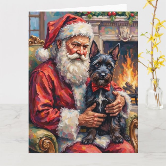 Tarjeta Arte de Navidad de Santa Claus con Terrier Escocés (flor amarilla)