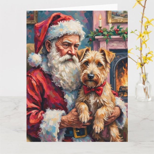 Tarjeta Arte de Navidad de Santa Claus con Wheaten Terrier (flor amarilla)