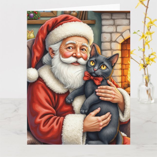 Tarjeta Arte de Navidad de Santa Claus sosteniendo un gato (flor amarilla)