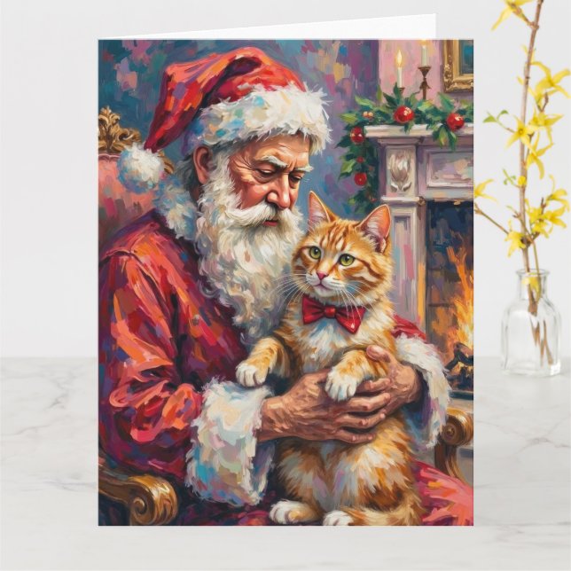 Tarjeta Arte de Navidad del gato angora turco de Santa Cla (flor amarilla)