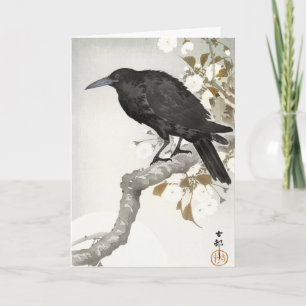 Tarjeta Arte de Ohara Koson: Cuervo en Rama de Flor de Cer