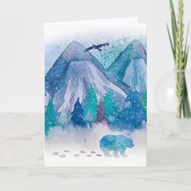 Tarjeta Arte de paisaje montañoso invernal en acuarela azu (Anverso)