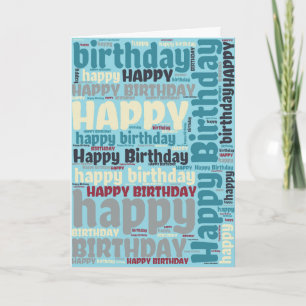 Tarjeta Arte de palabras azul y gris Feliz Cumpleaños