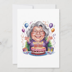 Tarjeta Arte de pastel de cumpleaños de anciana emocionada