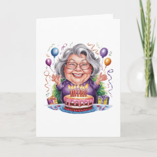 Tarjeta Arte de pastel de cumpleaños de anciana emocionada