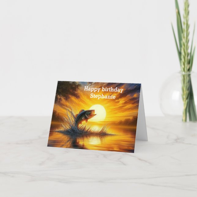 Tarjeta arte de pesca salta al atardecer Feliz cumpleaños (Anverso)