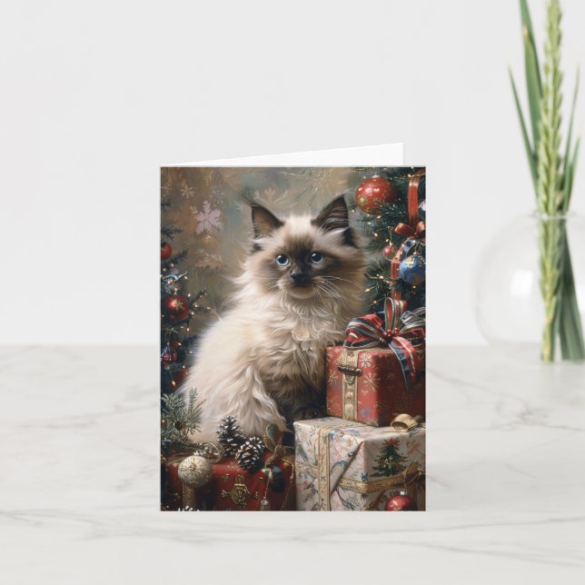 Tarjeta Arte de retrato de gatos de Navidades gatitos bali (Anverso)