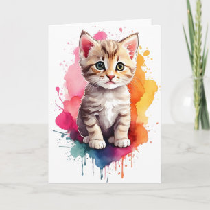 Tarjeta Arte de salpicaduras de acuarela Gatito Pintura sa