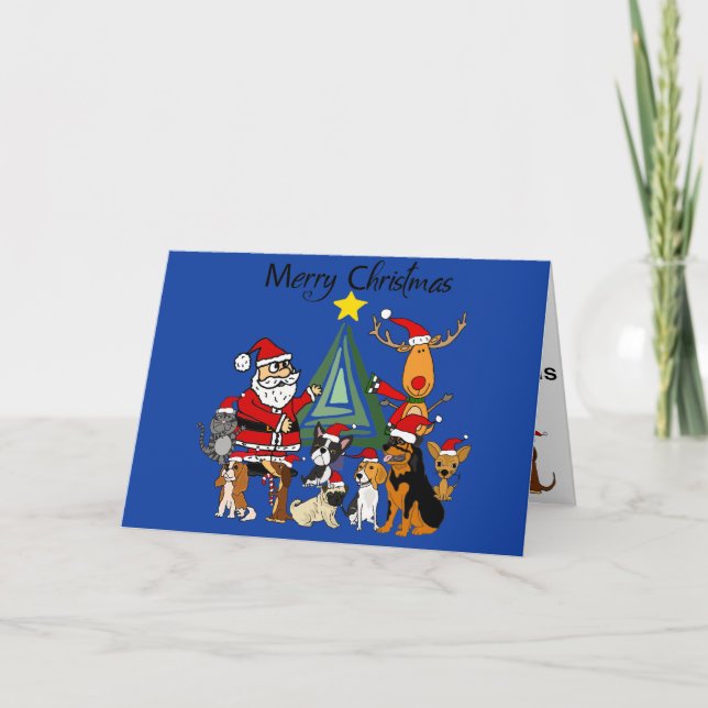 Tarjeta Arte de simpático Santa Claus y renos y amigos per (Anverso)