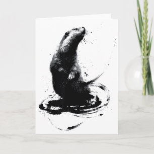 Tarjeta Arte de Sumi-e de marmota Pincel Caligrafía Tinta