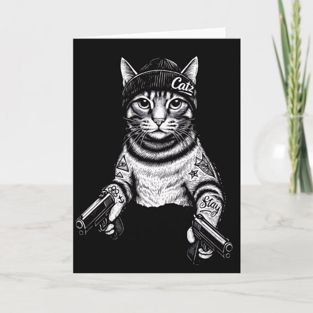 Tarjeta Arte de tatuaje de gato gánster | Kitty de moda ca (Anverso)