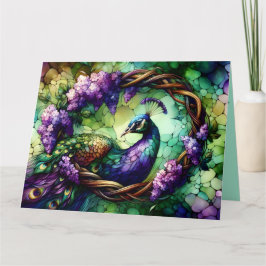 Tarjeta Arte de Vidrio Pintado Pavón Corona Floral
