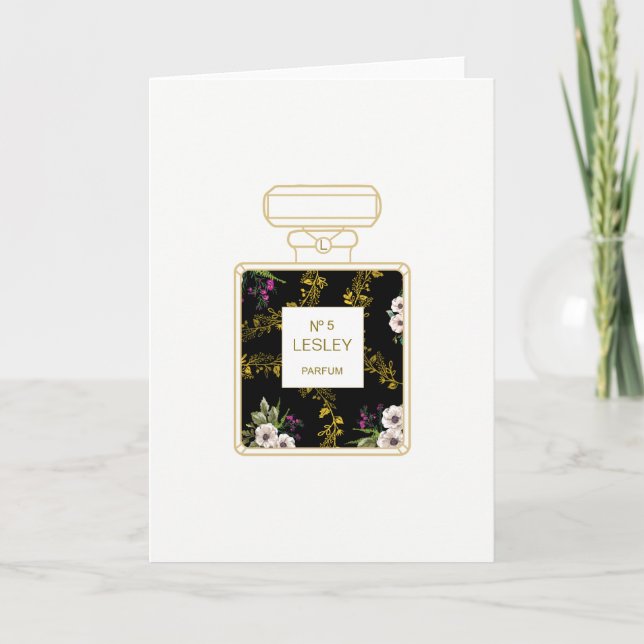 Tarjeta Arte del perfume, cumpleaños floral negro (Anverso)